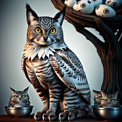 Surreal Cat-Owl Hybrid with Skulls in 3D