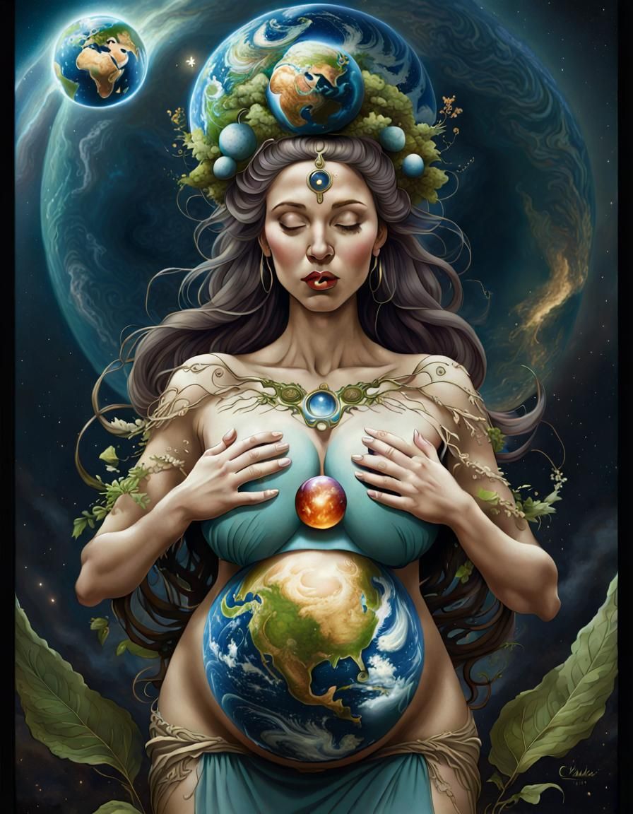 Gaia Pregnant with Earth as Vintage Fantasy Art