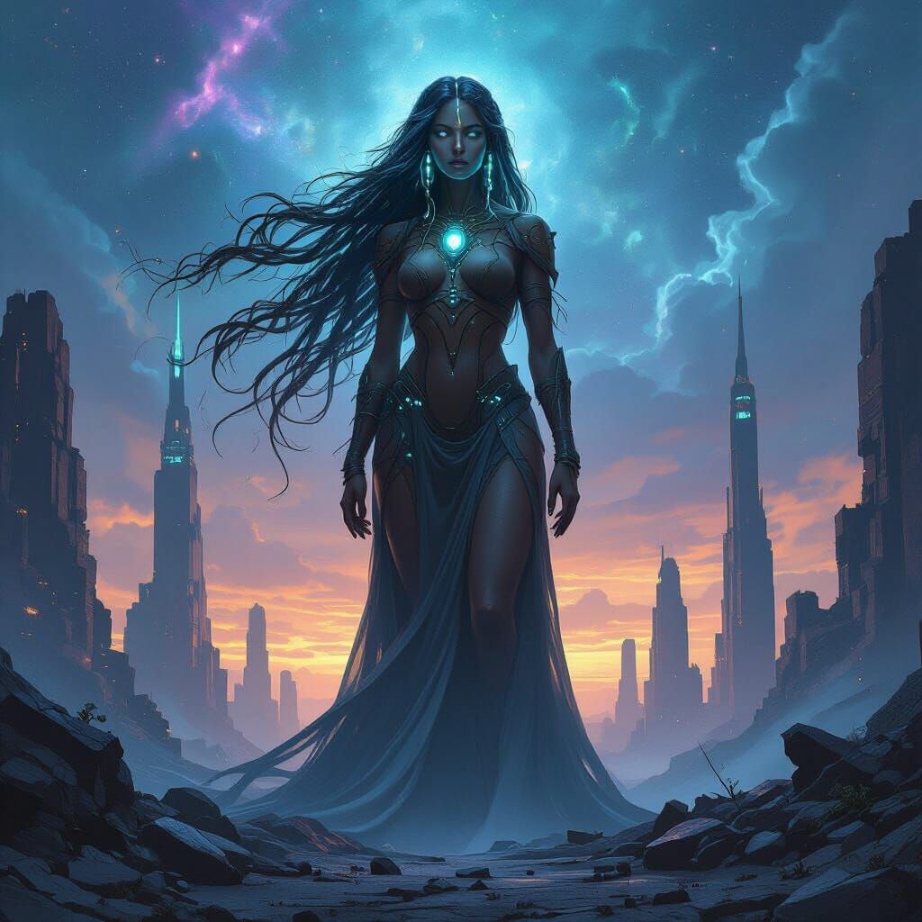 Ethereal Giantess in Bioluminescent Alien City