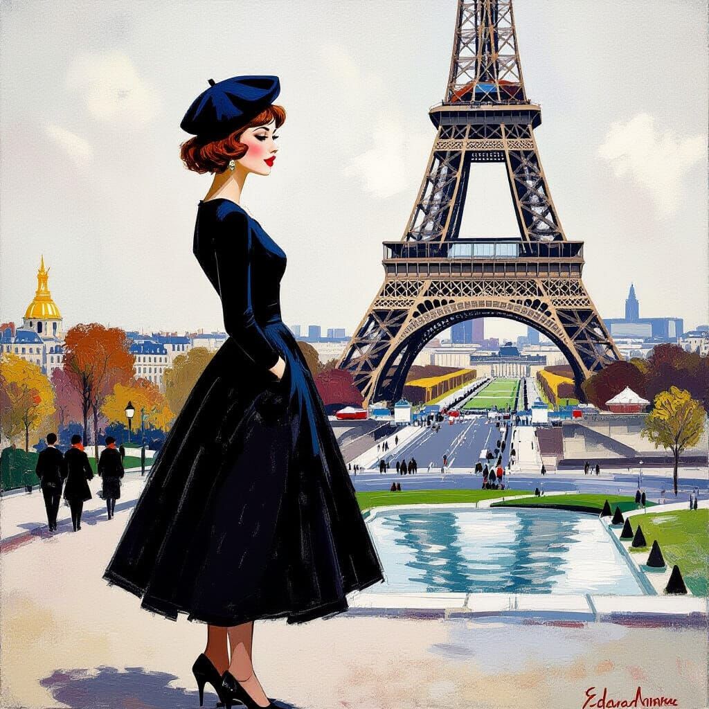 French Girl with Beret Near Eiffel Tower as Impressionist Pa...