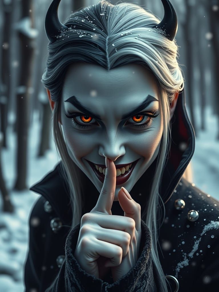 Cruella's Intense Stare in Snowy Forest, Hyperrealistic Styl...