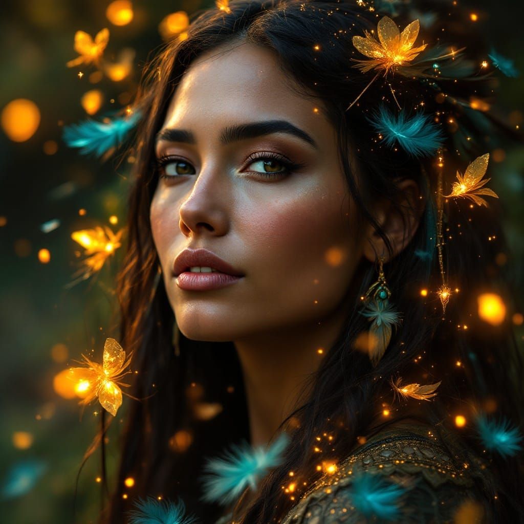 Native American Woman with Feathered Hair in Crystalline Sty...