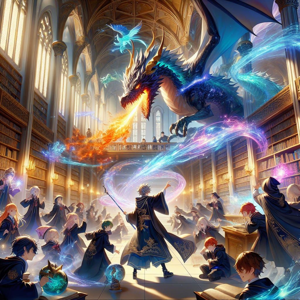 Wizard teacher battling a dragon in a Magical library while Wizard students flee or try to used their magic to defend th...
