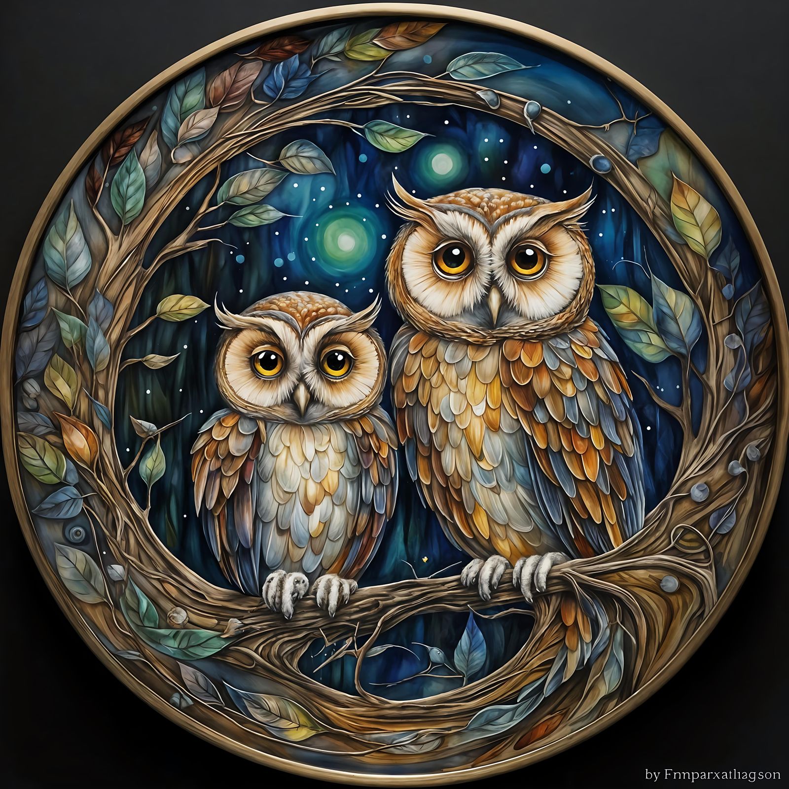 Whimsical Glass Painting of a Mama Owl and Owlet