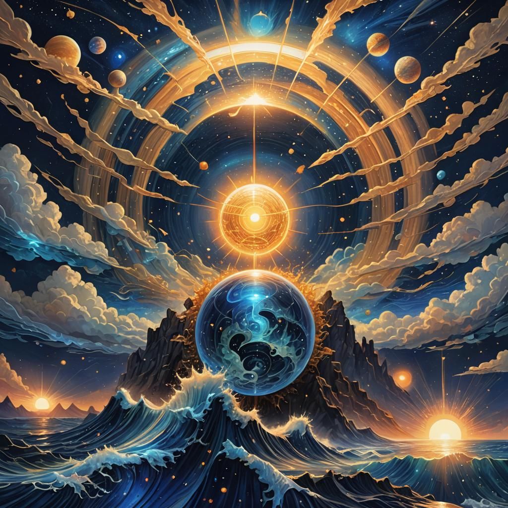 Brilliant Sunrise Over Dark Blue Wave, Astral Illustration