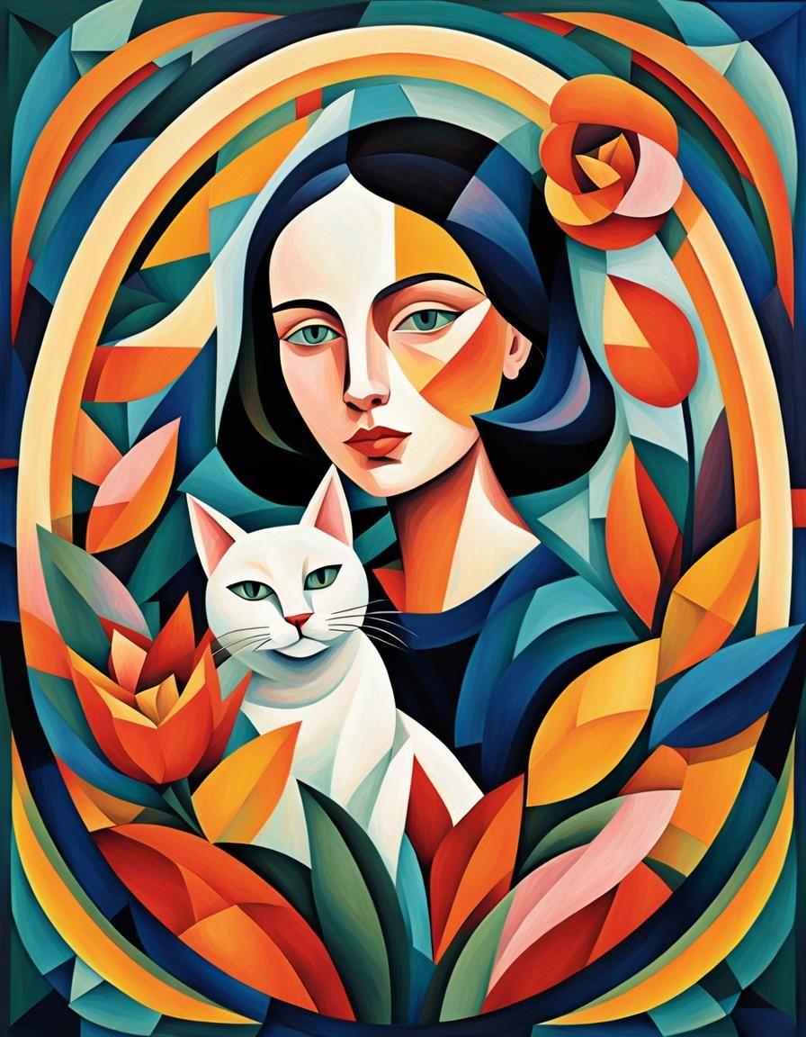 Colorful Cubist Portrait of Woman and Cat