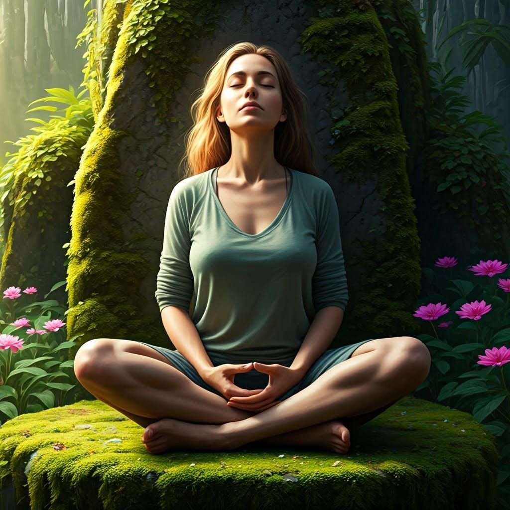 Meditative Woman in Lush Greenery: Digital Art