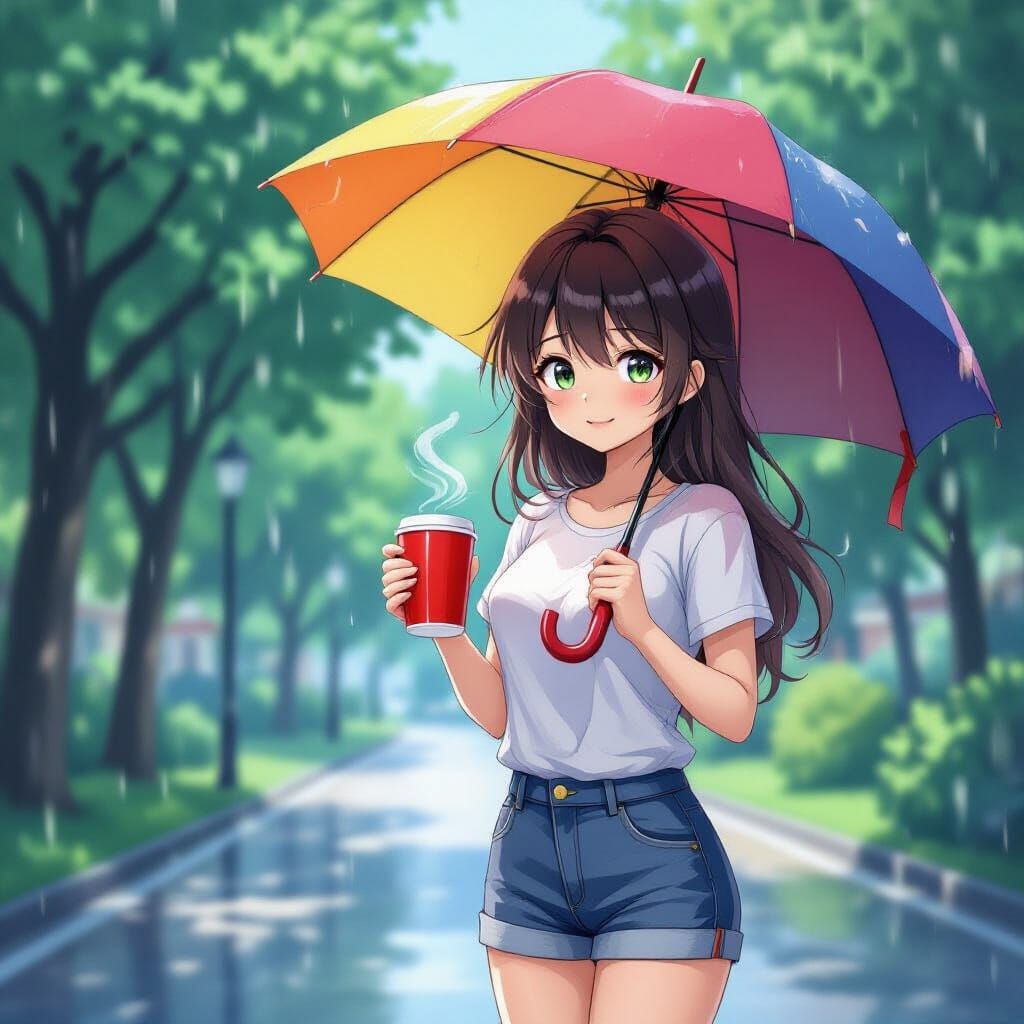 Anime Woman with Coffee in Rainy Park: Studio Trigger Style