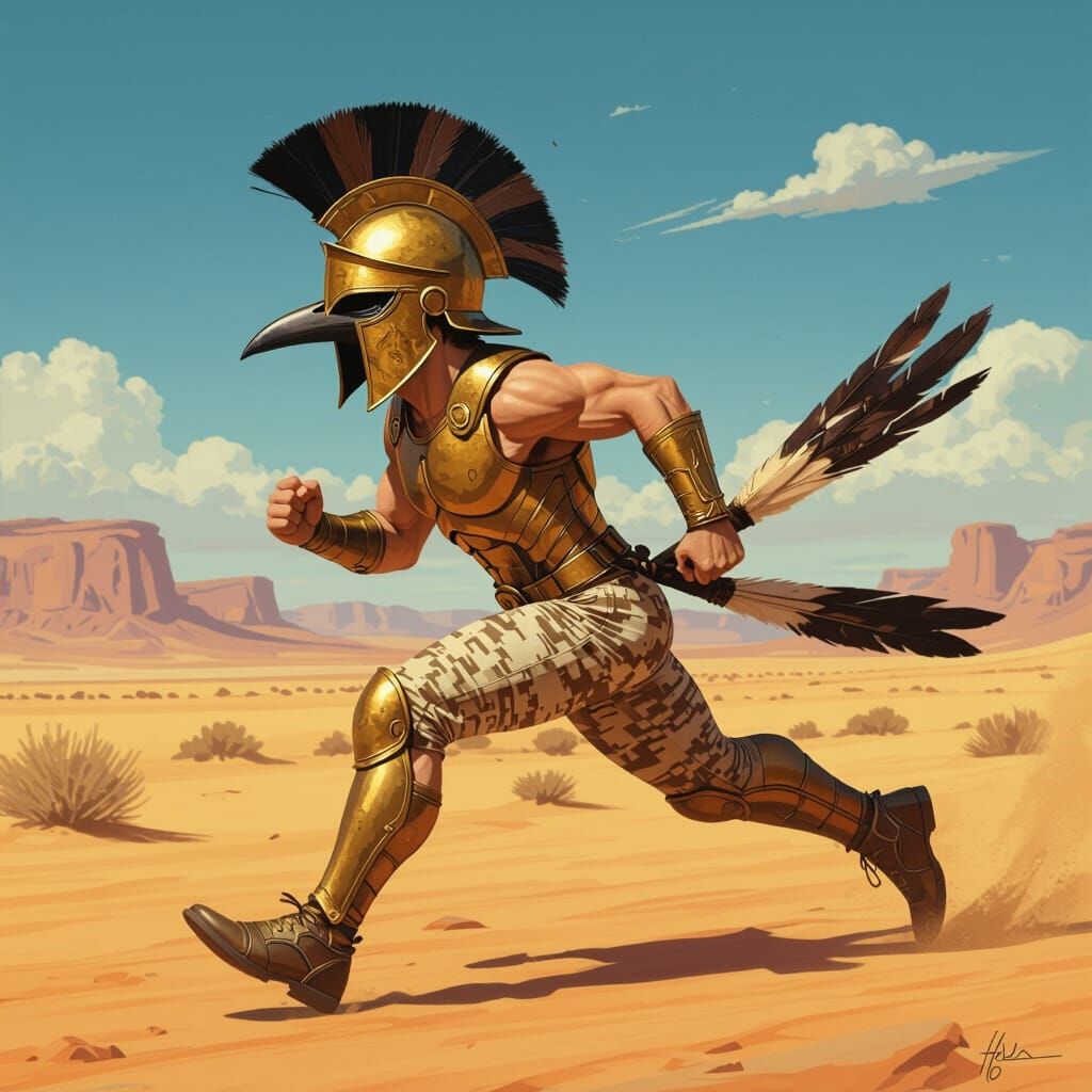 Muscular Roadrunner as Spartan Warrior in Desert