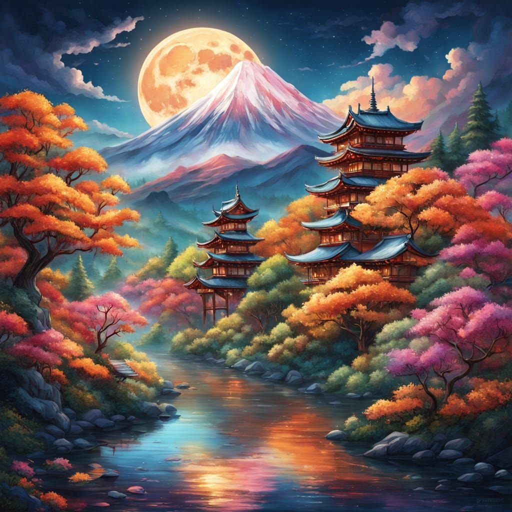 Autumn River Landscape with Japanese Architecture Under Full...