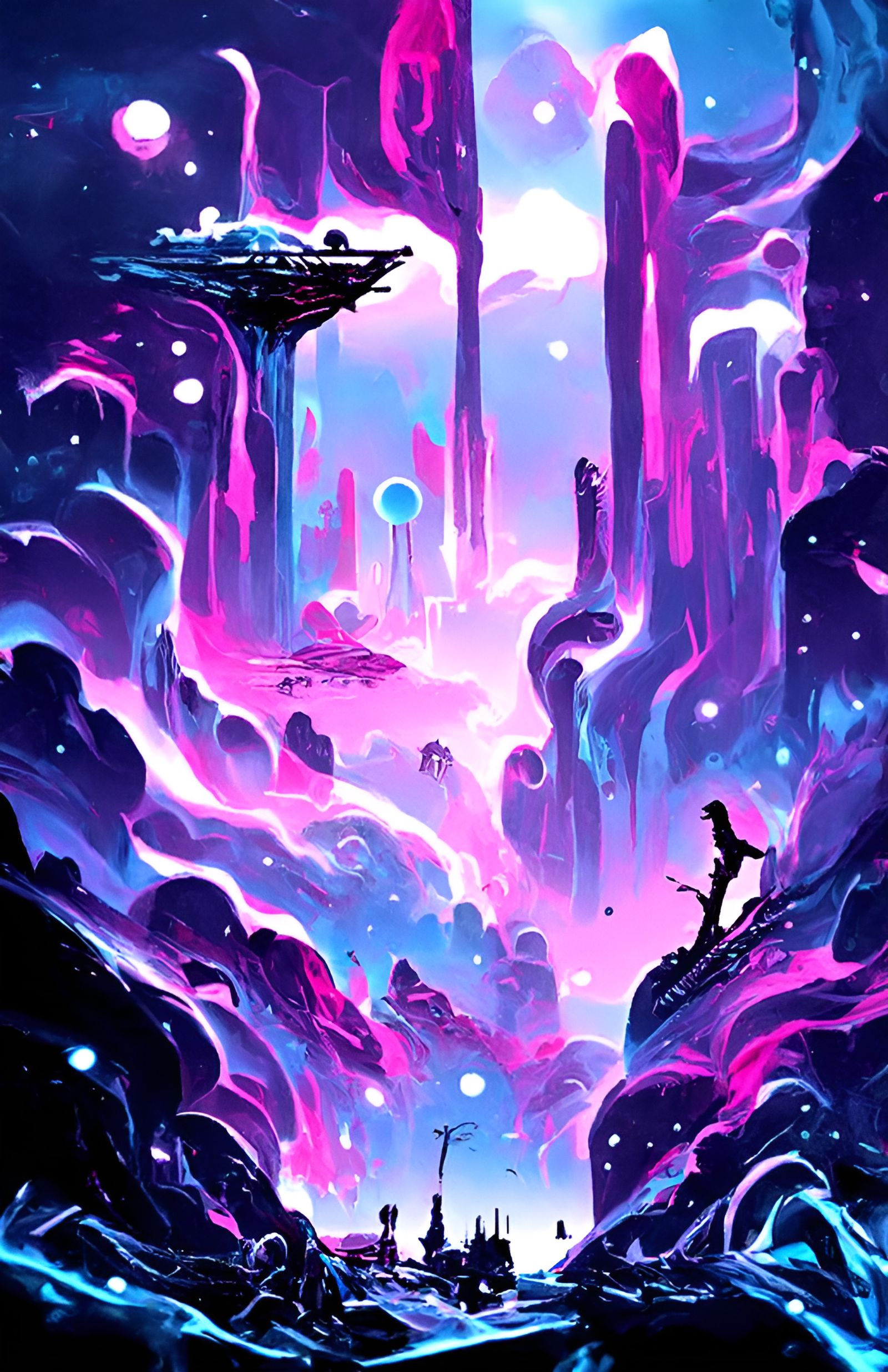 Dreamlike Cosmic Landscape Painting in Expressionist Style