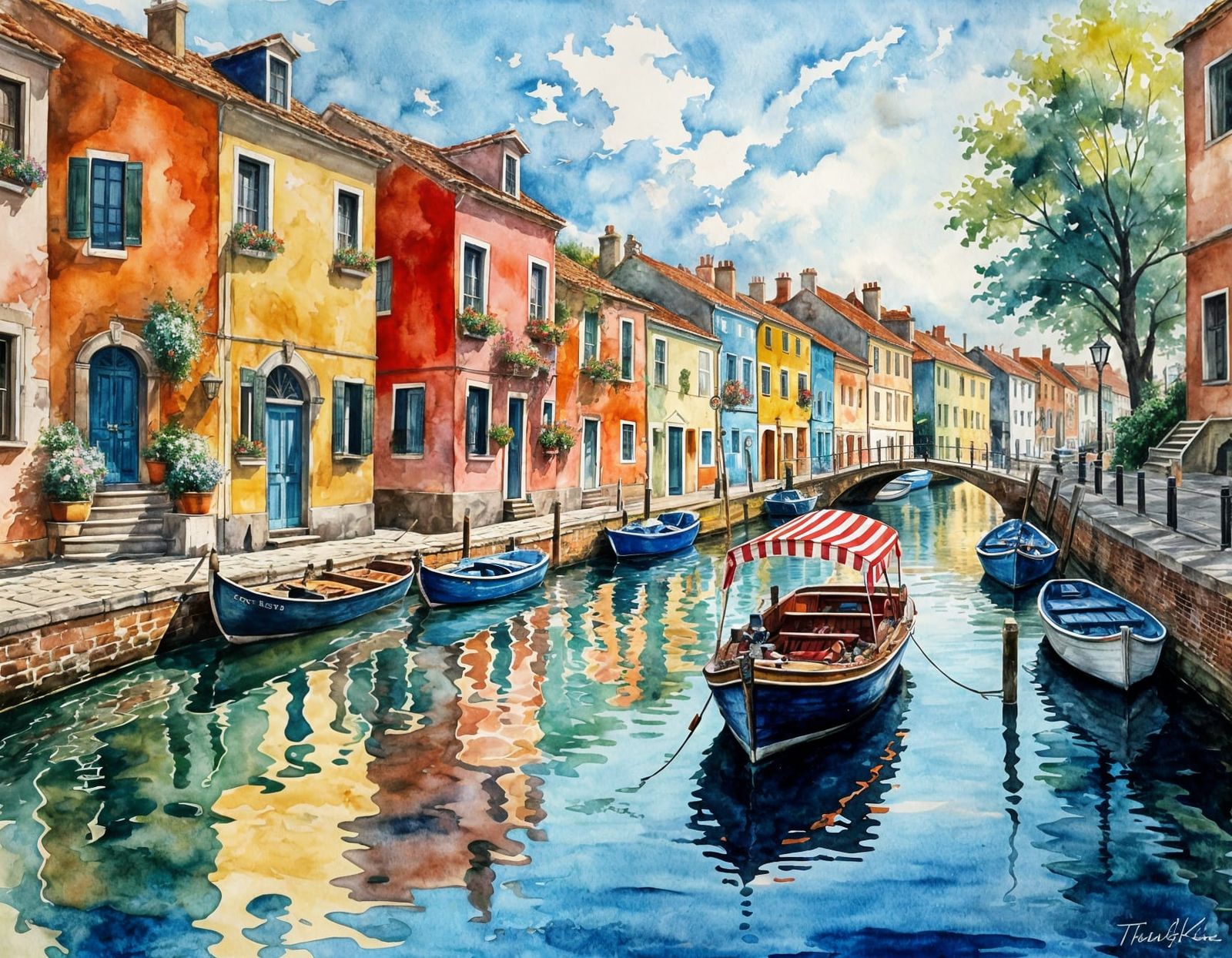 European Canal Scene in Watercolor and Ink