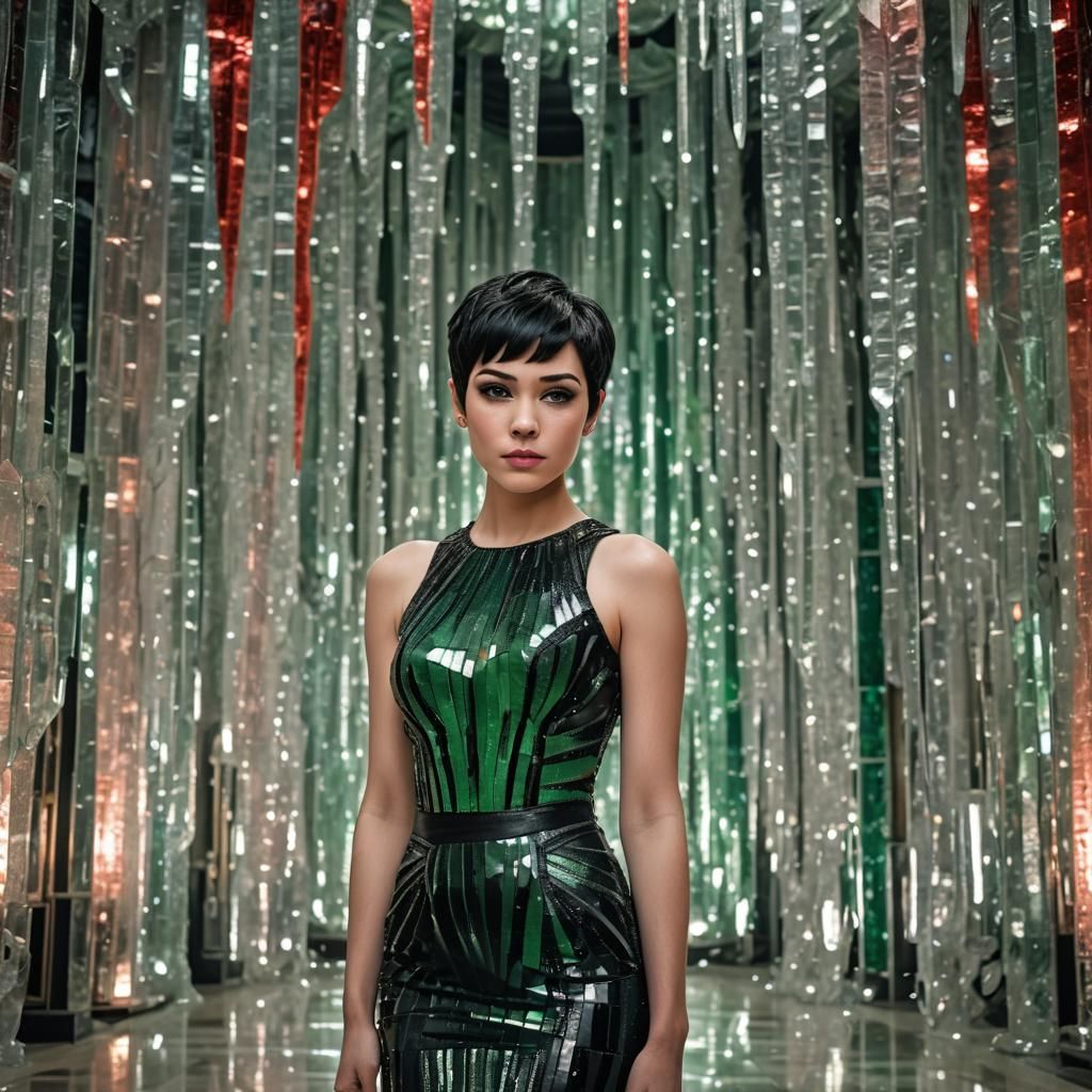 Woman in Crystal Dress in Ballroom: Hyperrealistic Image