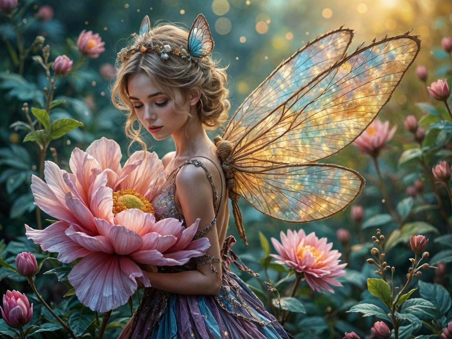 Iridescent Fairy on Peony Flower in Magical Garden