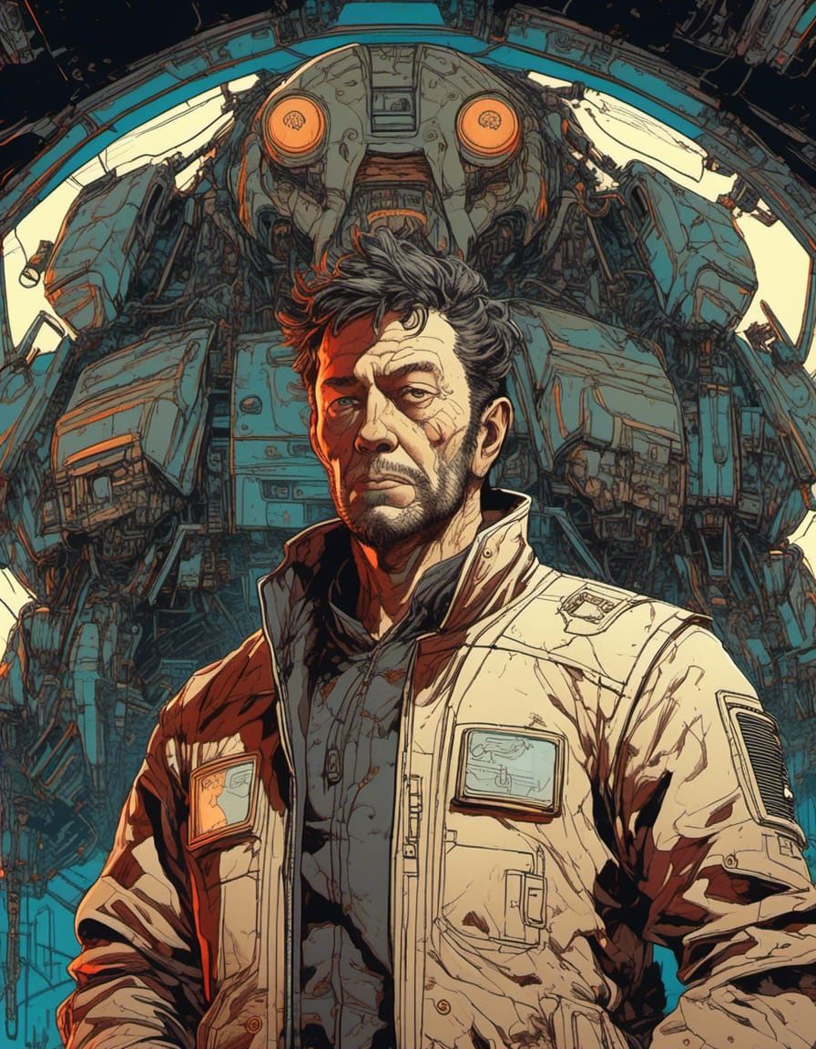 Retrofuturistic Mechanic and Monkey with Spaceship