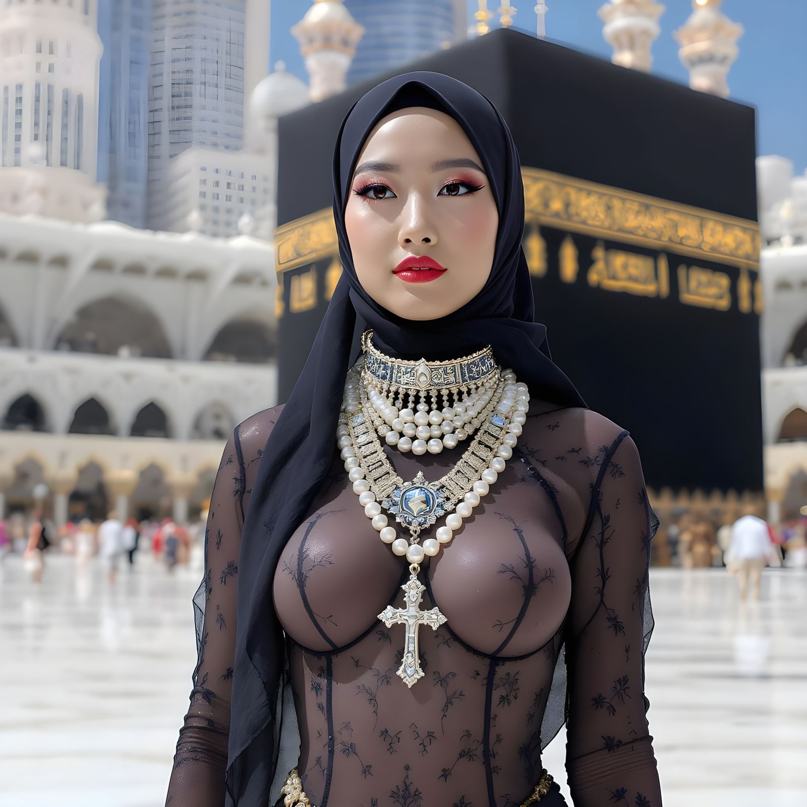 Woman in Hijab with Pearl Body Chain at Kaaba