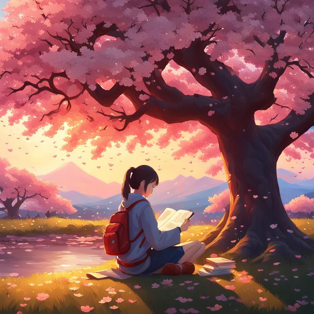 Girl at Cherry Blossom Tree Sunset: Anime Style