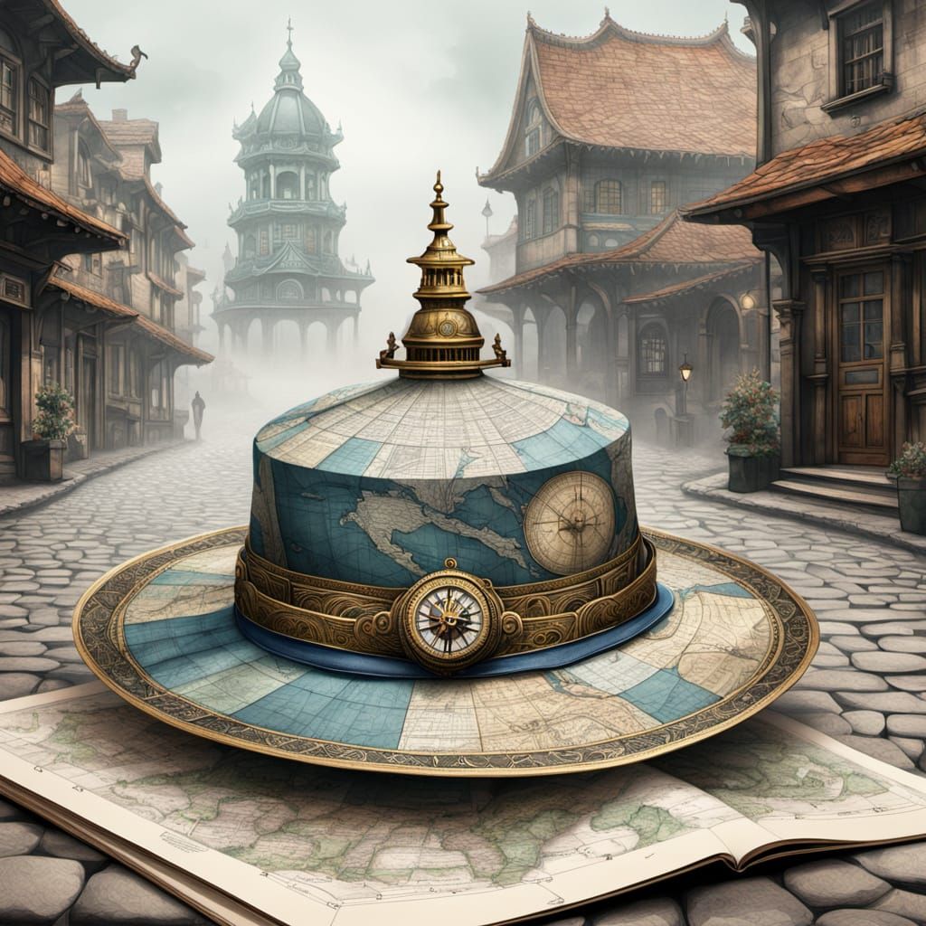 Ornate Hat of Antique Maps and Compasses on Foggy Street