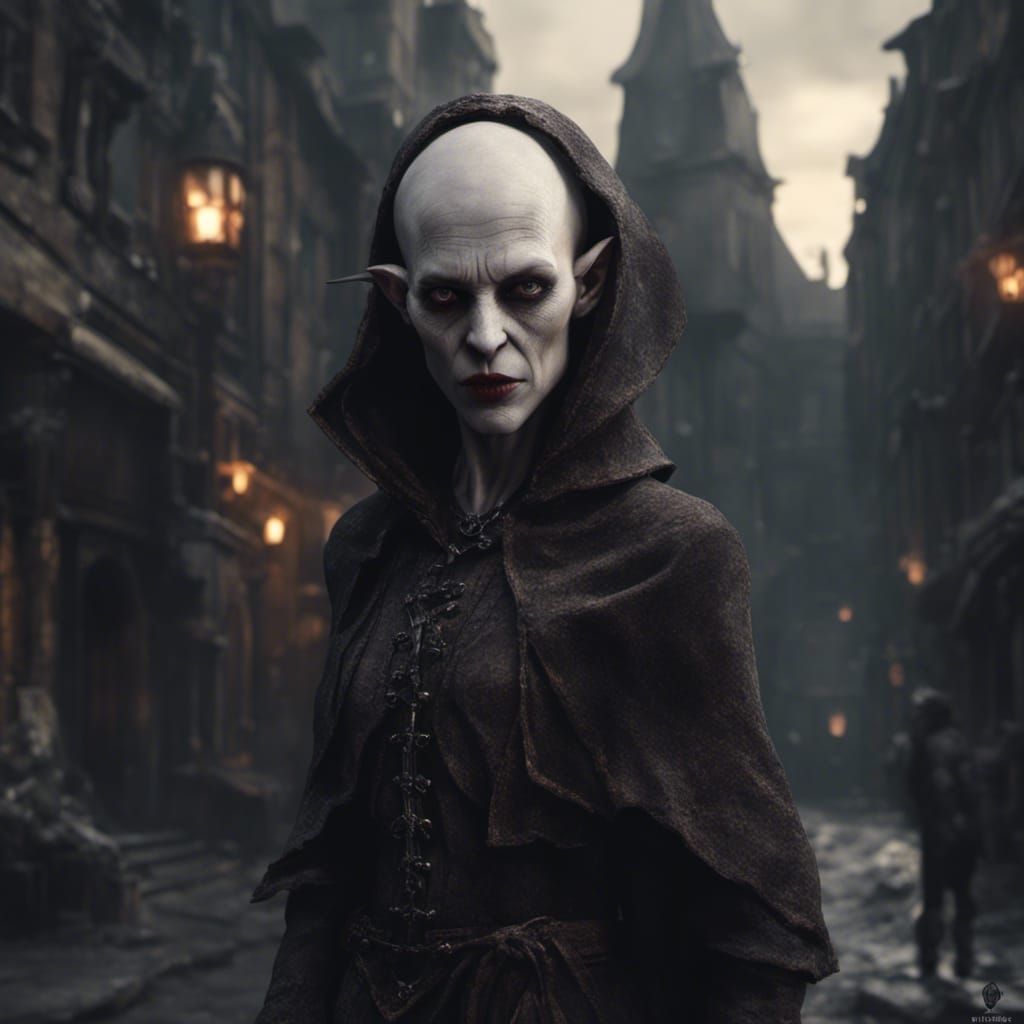 Nosferatu Woman with Grotesque Face in Dark Urban Setting