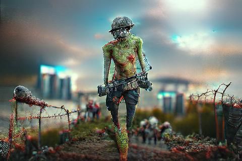 Hyperrealistic Zombie Soldier in Post-Apocalyptic Landscape