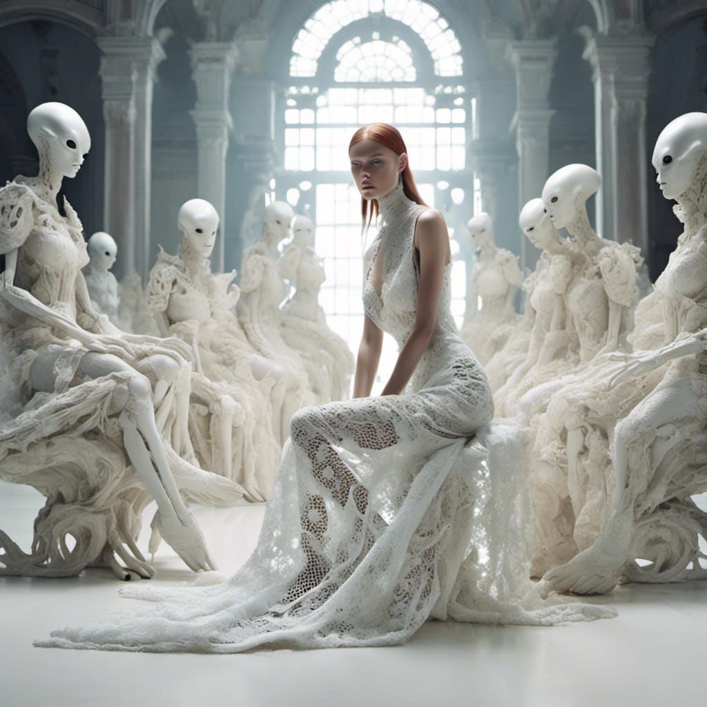 Fashion show, human amongst aliens, wearing a haute couture gown.