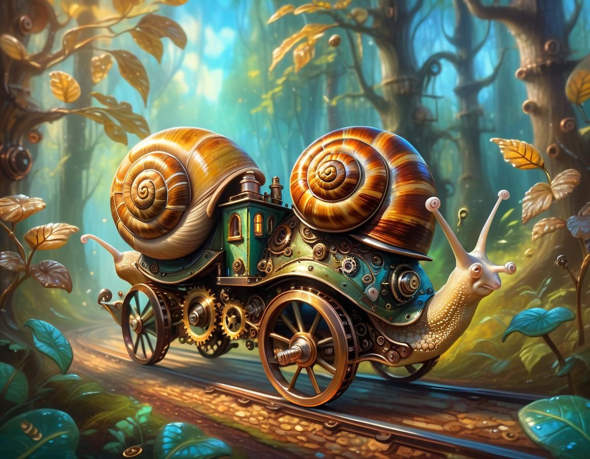 Steampunk Snails Race Through Forest, Oil Painting
