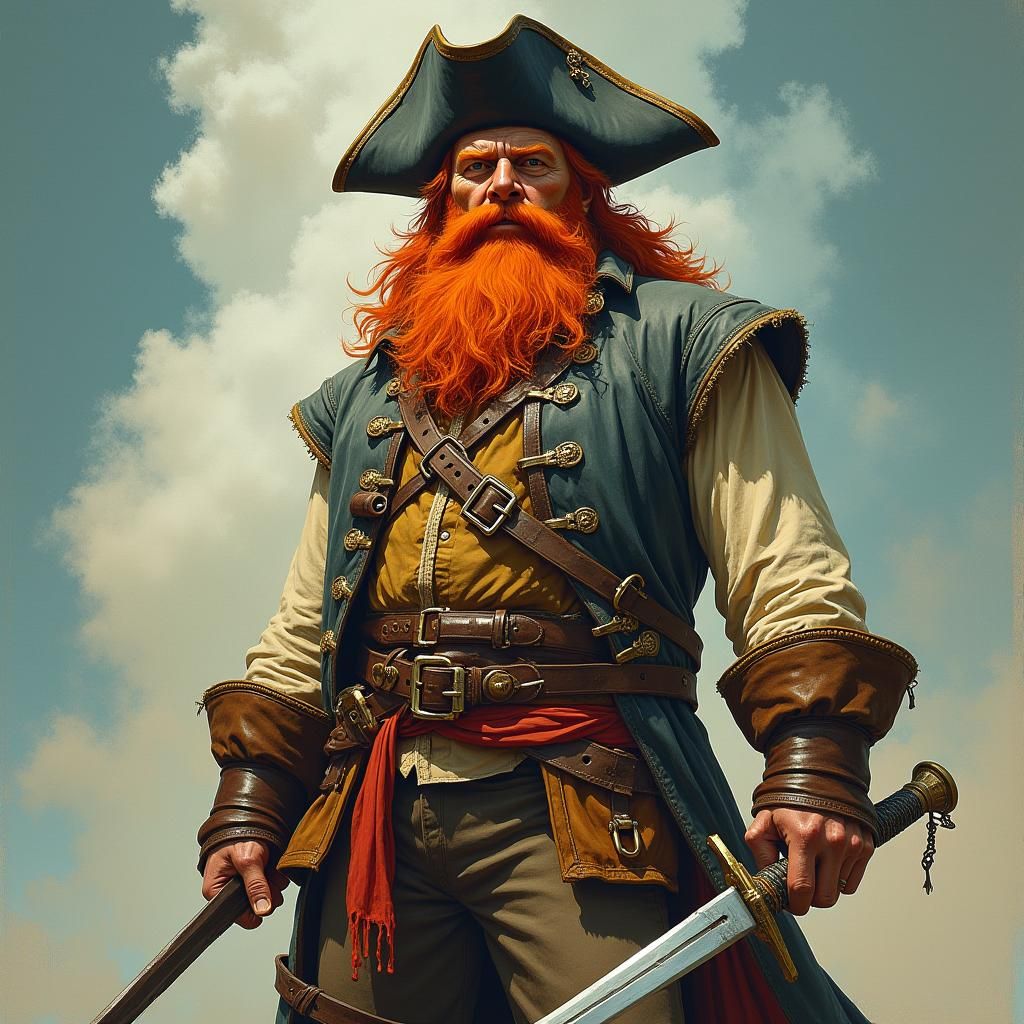 Vibrant Ginger-Bearded Pirate in Frazetta-Inspired Style