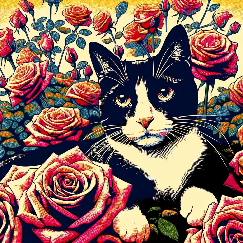 Tuxedo Cat in Roses, Pop Art Gouache Painting