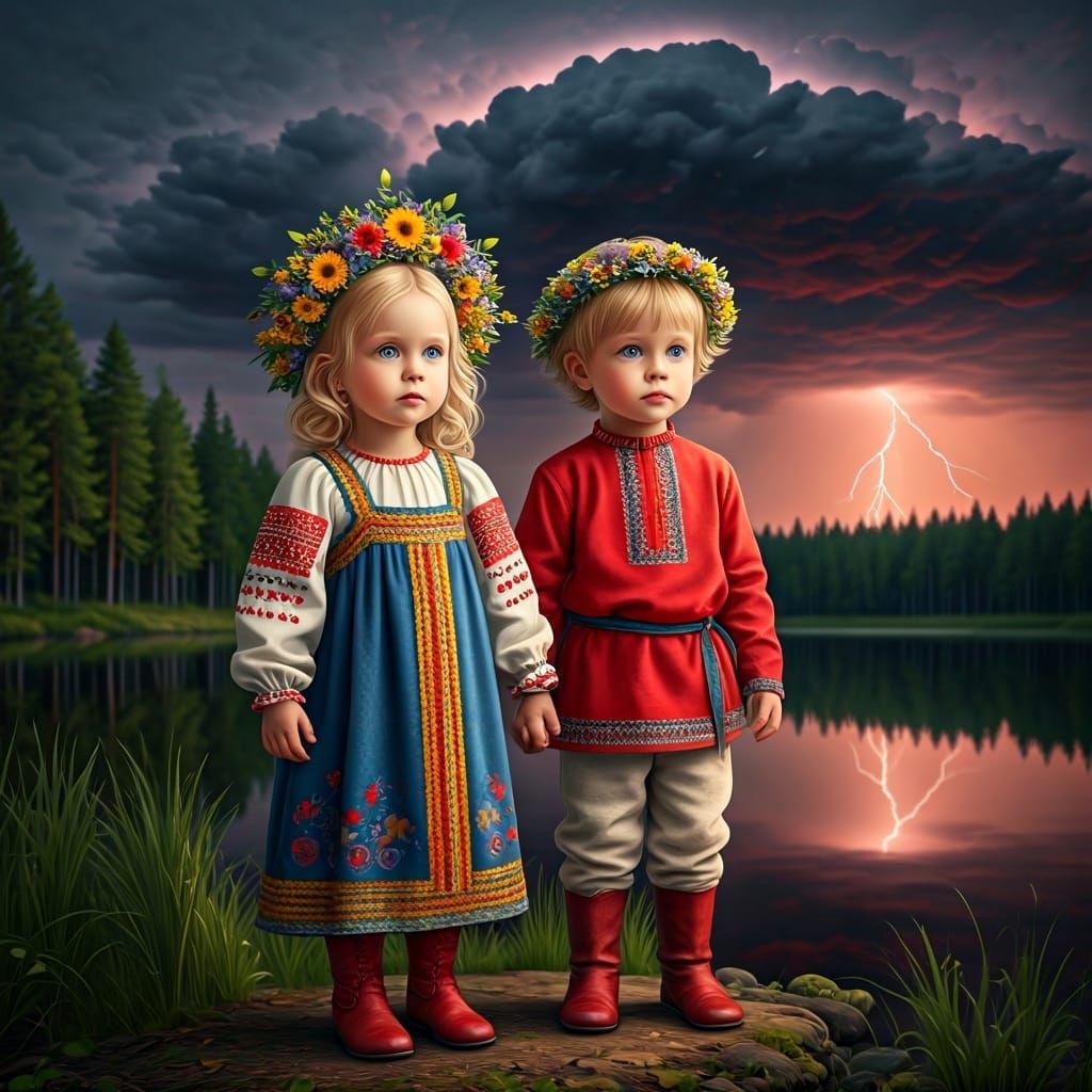 Children Watch Thunderstorm in 3D Rendered Scene