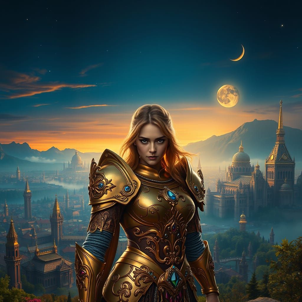 Golden Heroine in a Fantastical Cityscape