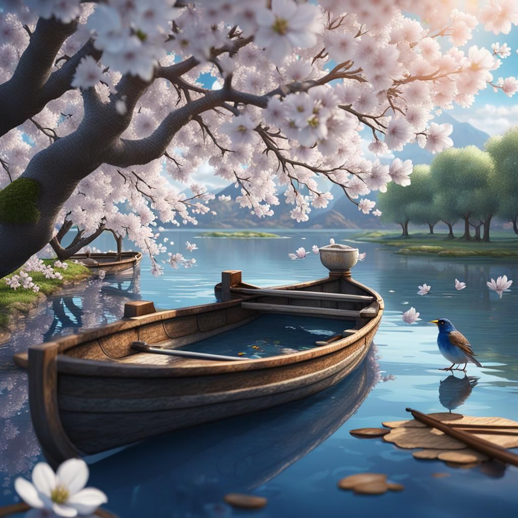 Cherry Blossom Bonsai in Glass Bottle, Detailed Matte Painti...