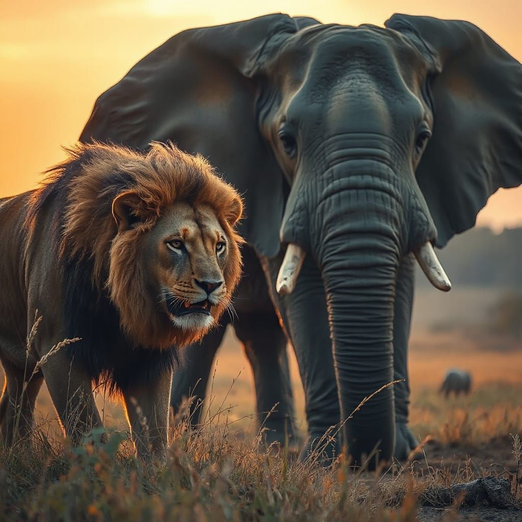 Lion Stalking Elephant in Golden Savannah Light
