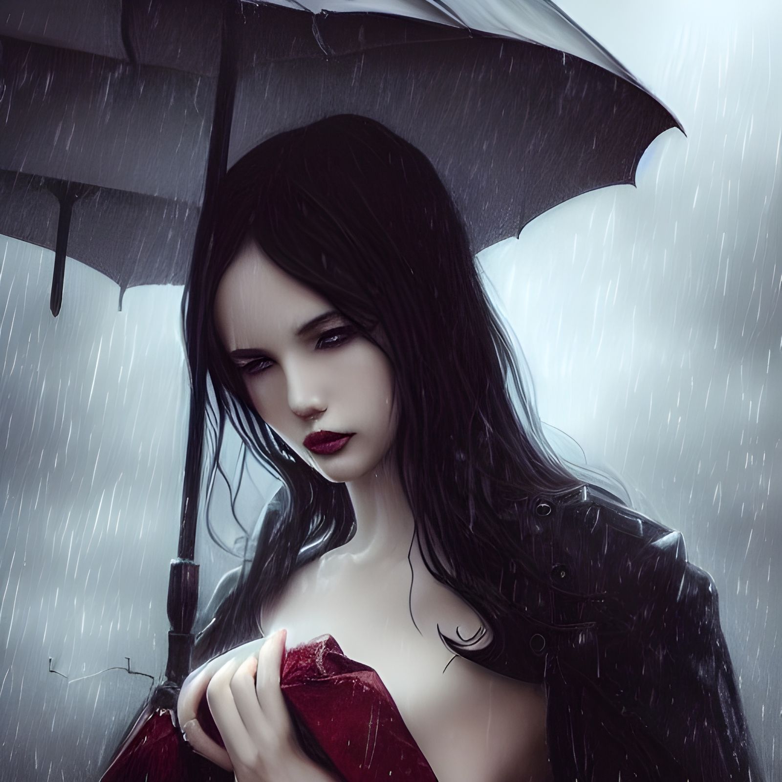 Elegant Vampire Woman in Rain, Digital Illustration
