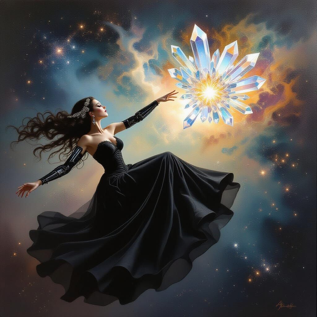 Cybernetic Woman in Starry Nebula, Surreal Art