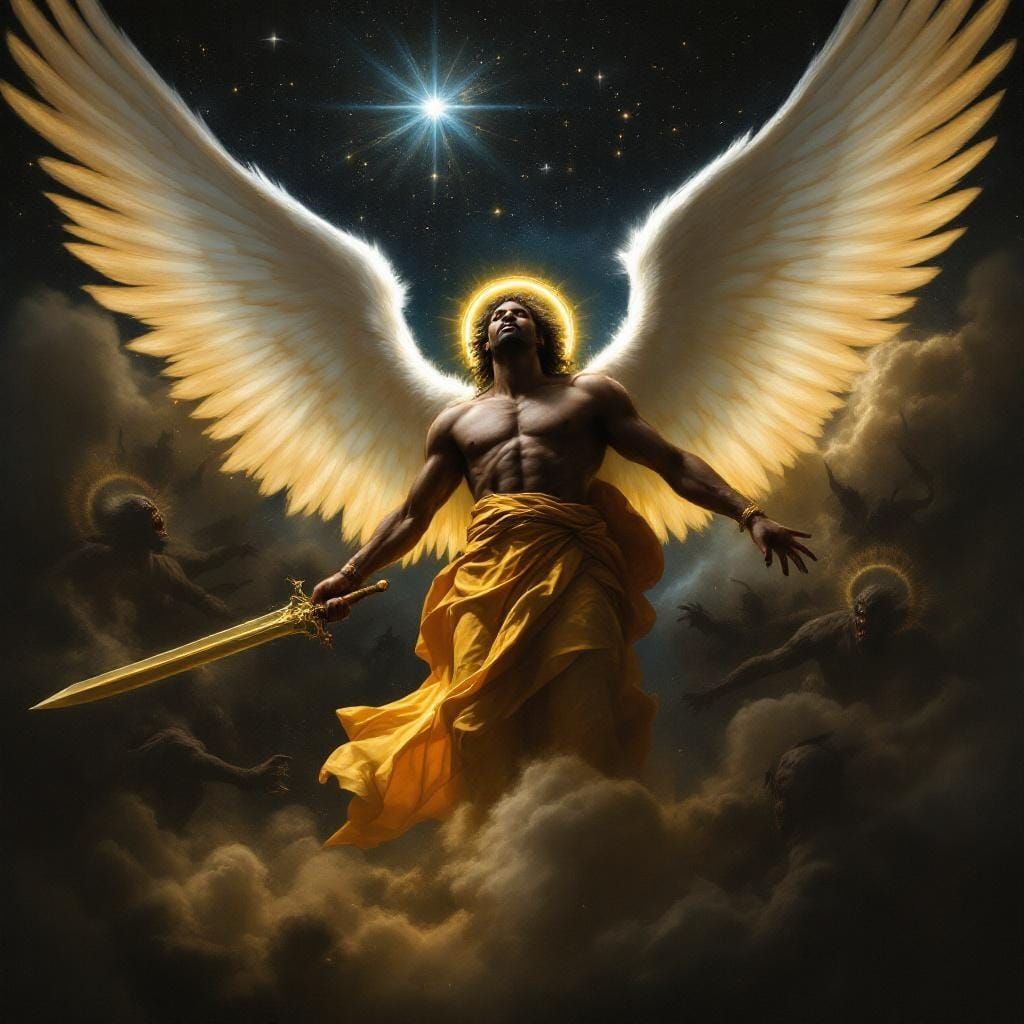 Majestic Black Angel in Divine Battle Scene