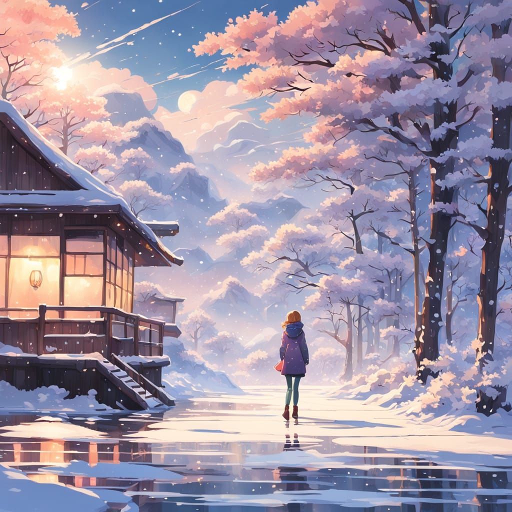 Ghibli-Inspired Woman Glides Across Frozen Lake at Sunset