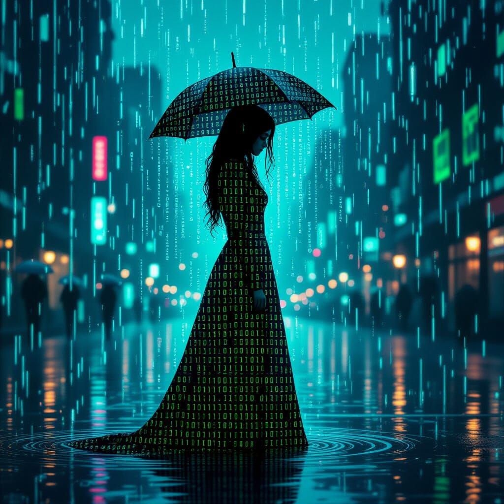 Sad Young Woman Made of Code in Digital Rain