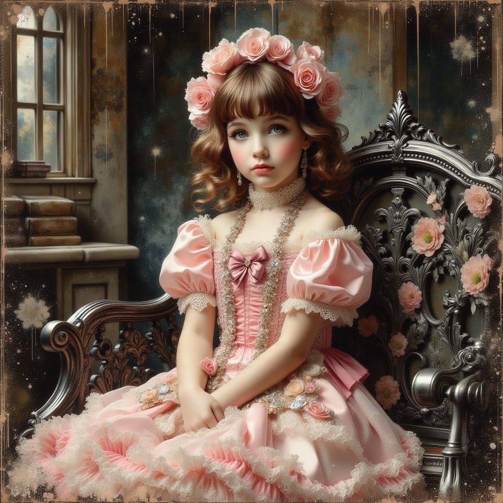 Little Girl in Detailed Lacy Dress on Ornate Bench