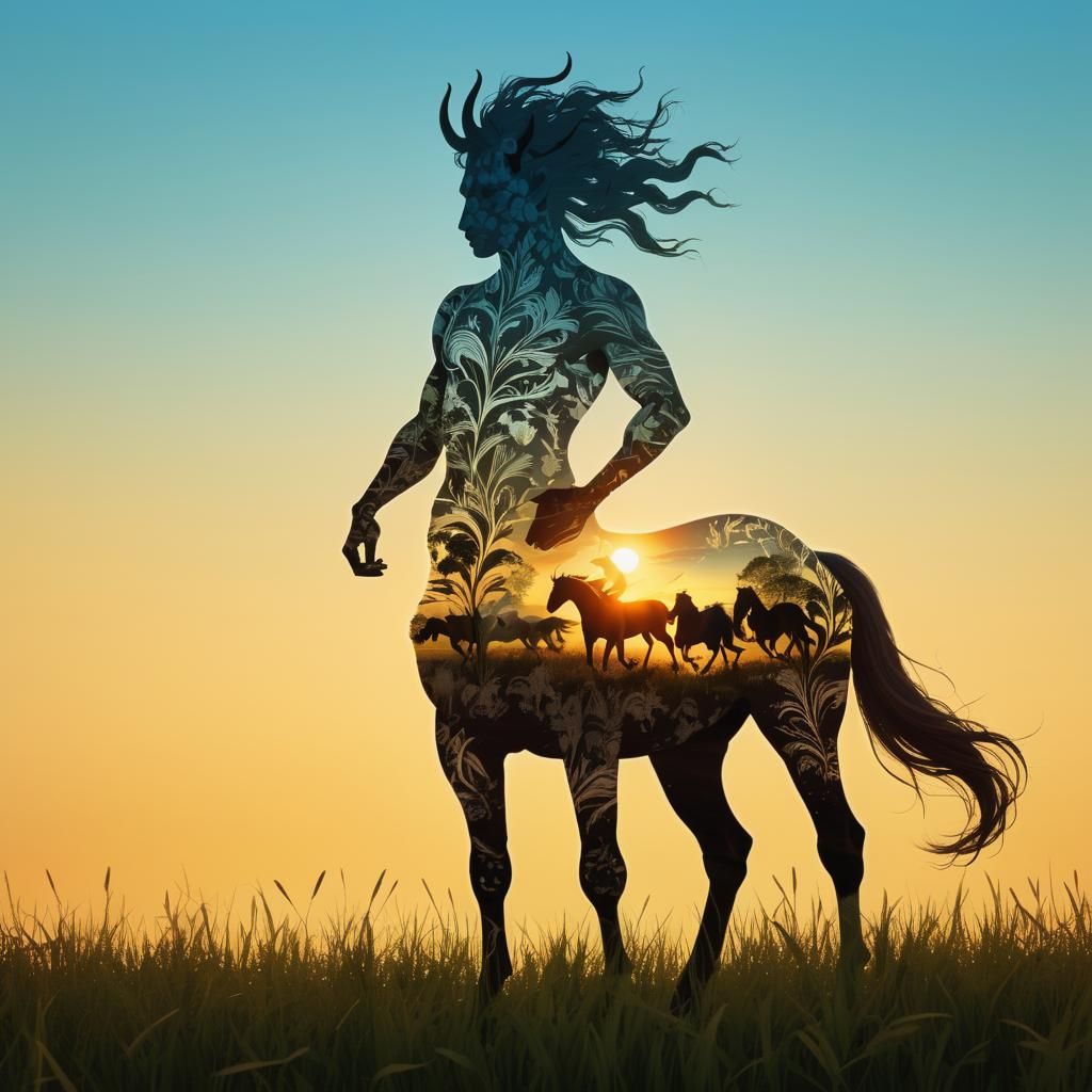 Centaur Silhouette Double Exposure with Running Horses
