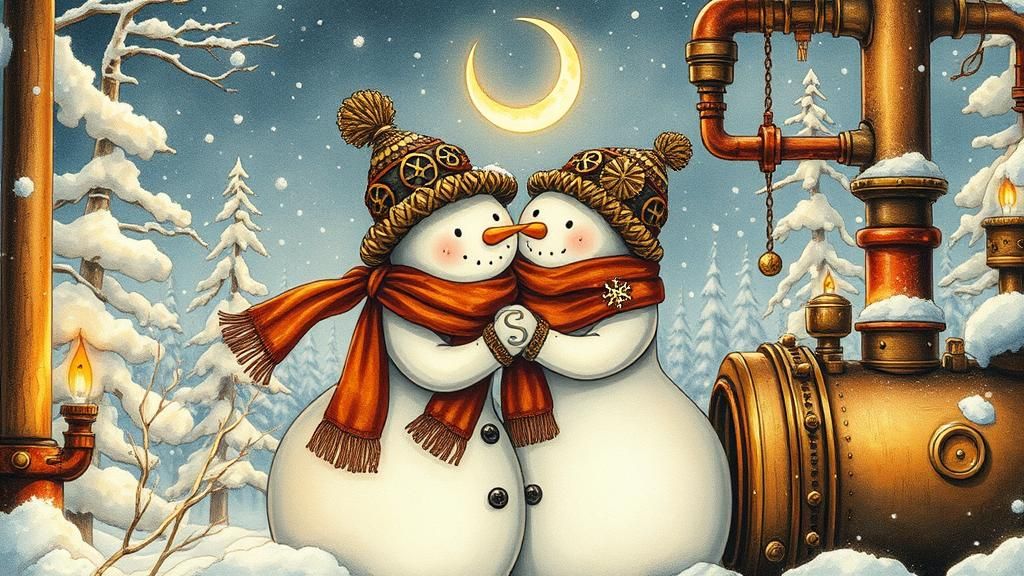 Steampunk Snowmen Embrace in Albino Forest, Ink and Watercol...