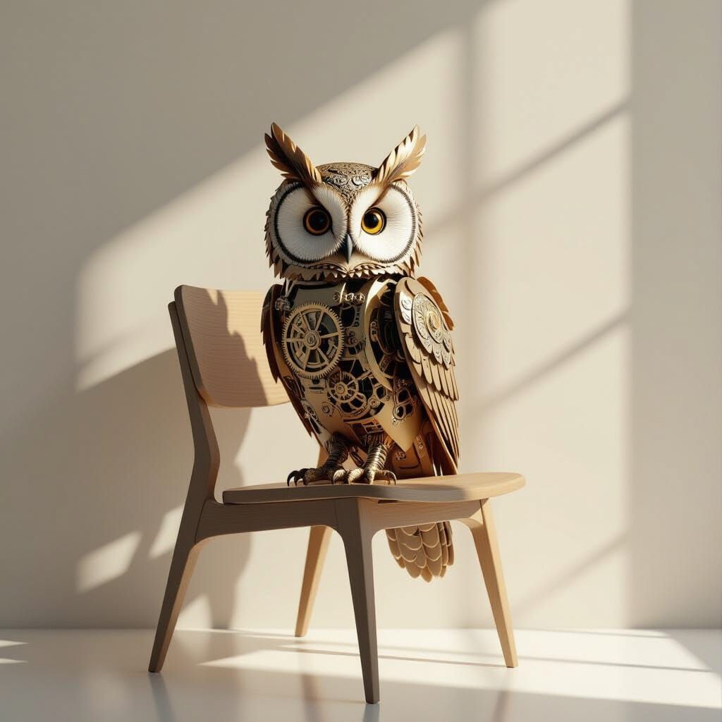 Clockwork Owl on Scandinavian Chair in Soft Light