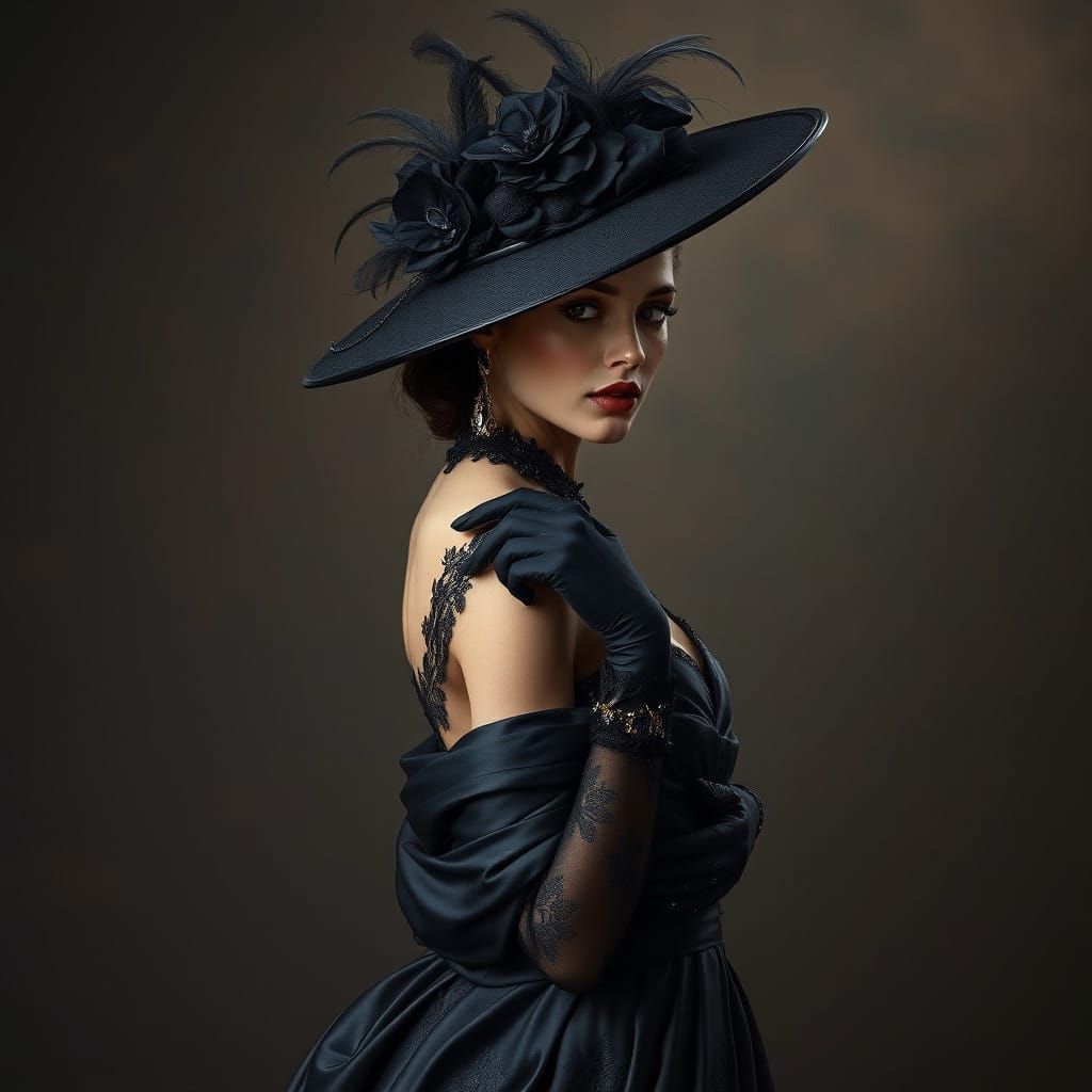 Luxurious Black Gown Fashion Model in Atmospheric Splendor