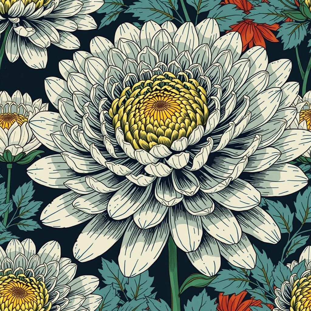 White Chrysanthemum in Japanese Art Nouveau Style