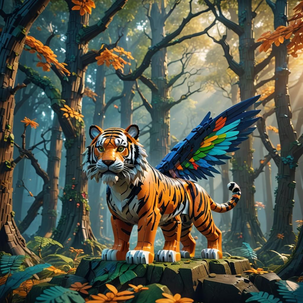 Winged Lego Tiger in Mystical Forest: Digital Matte Painting