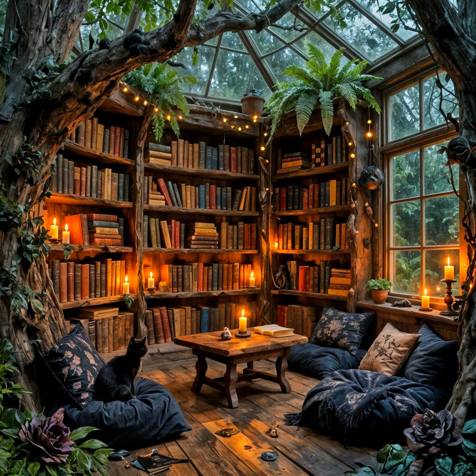 Witch's Cozy Treehouse Library with Black Kitten