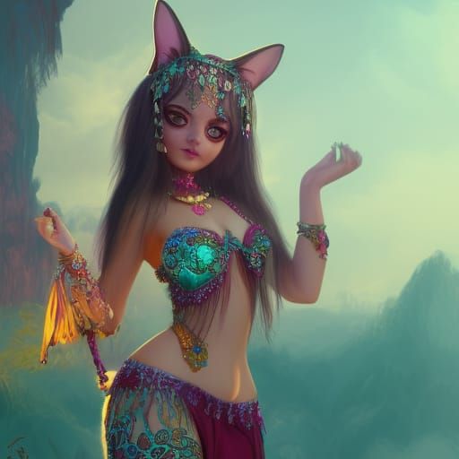 Humanized Fluffy Cat in Belly Dance Outfit