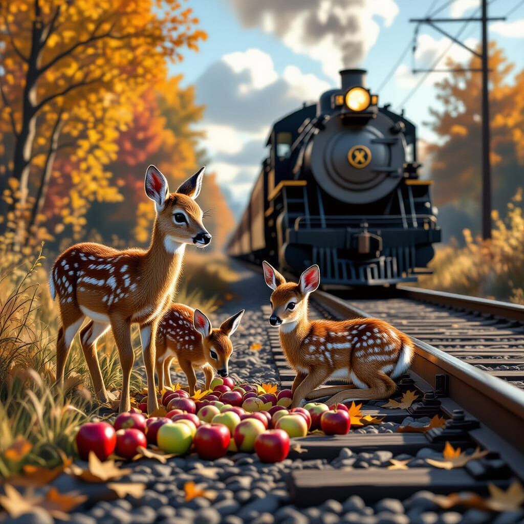 Doe and Fawns Eating Apples, Digital Art