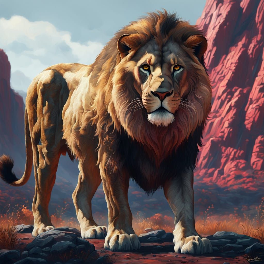 Majestic Lion in Rich, Muted Rouge Hues