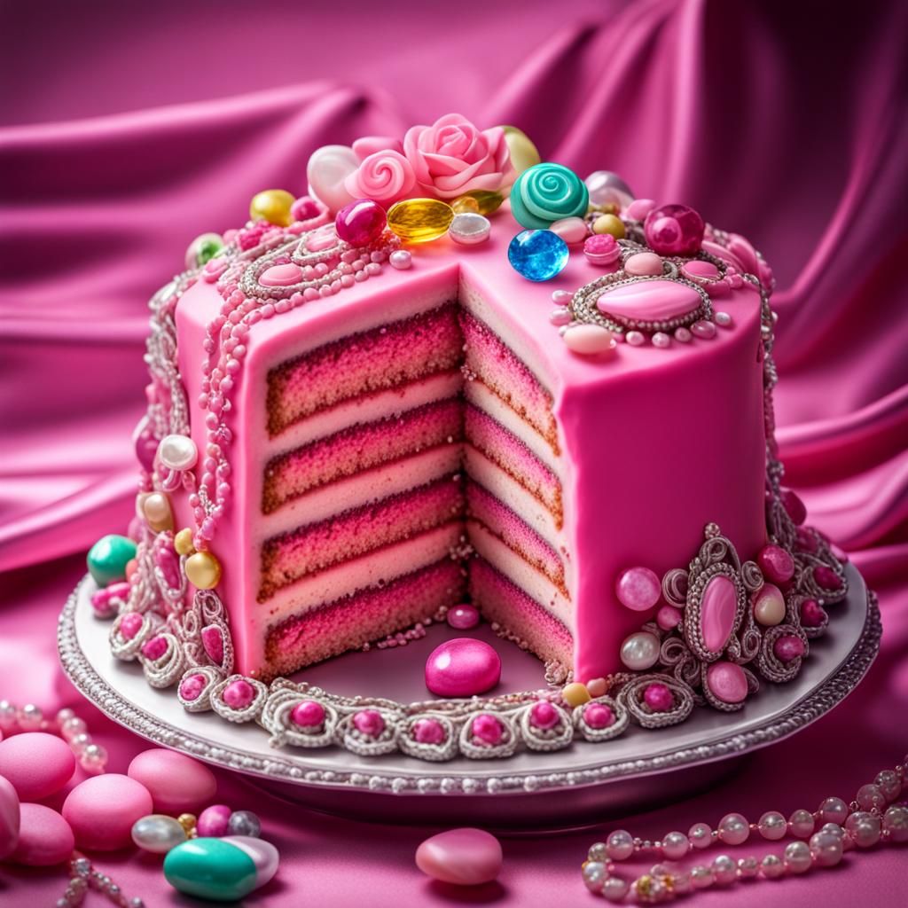 Hyperrealistic Pink Cake with Jewels and Candy
