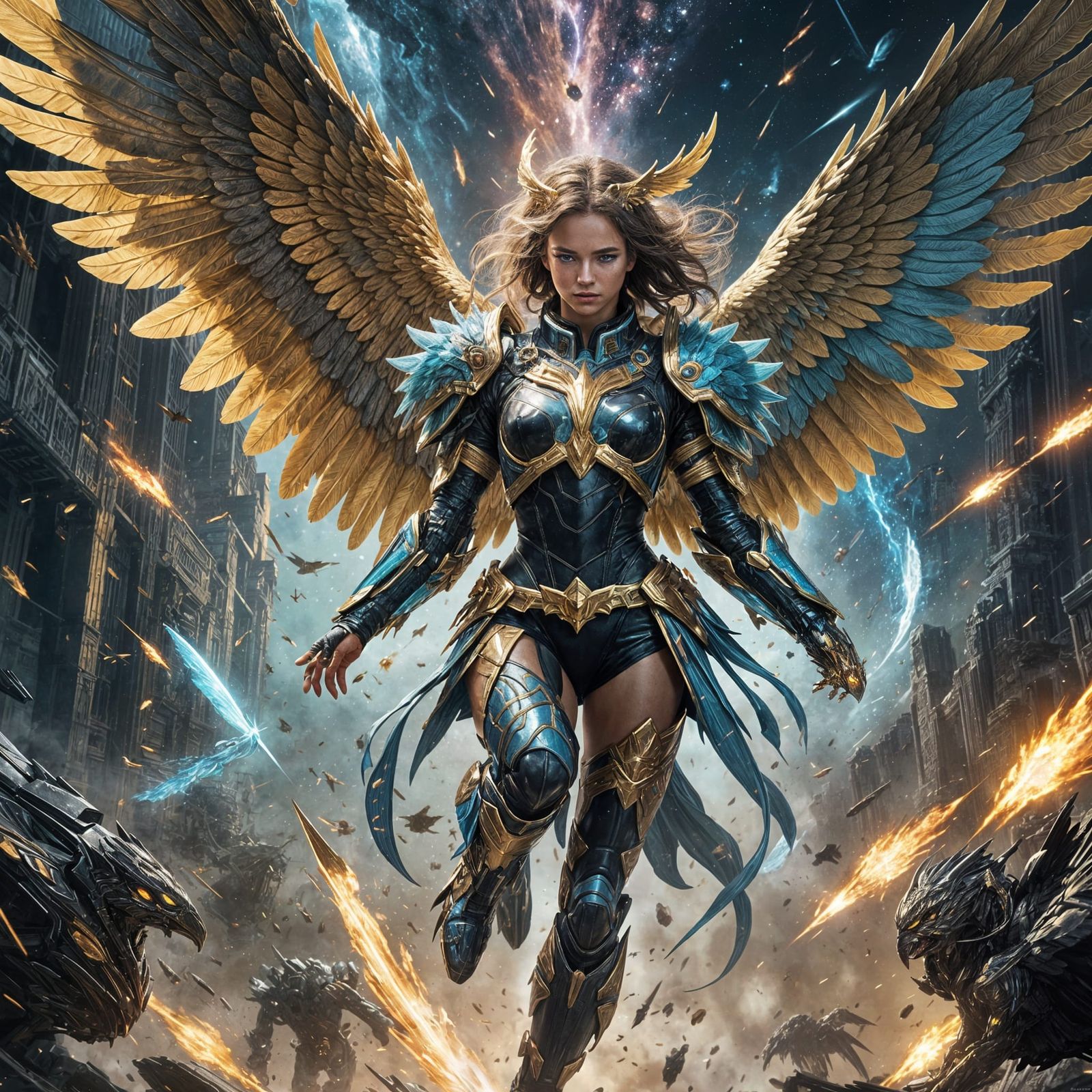 an angel woman with a pair of giant griffin wings, wearing a...